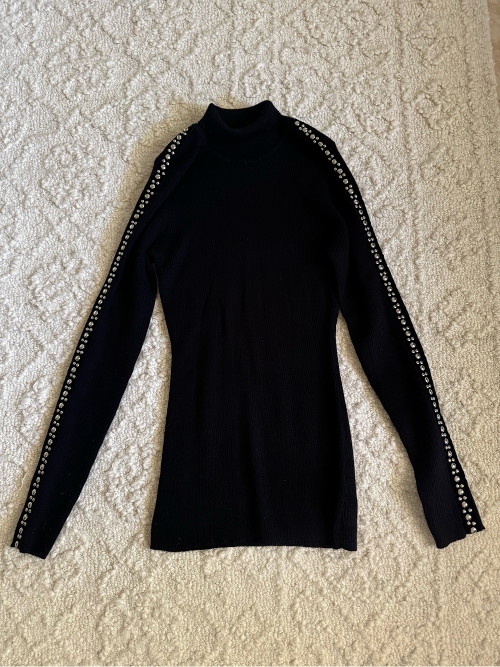 Cache Black Ribbed Turtleneck Top With Sleeve Studs Sz M/L